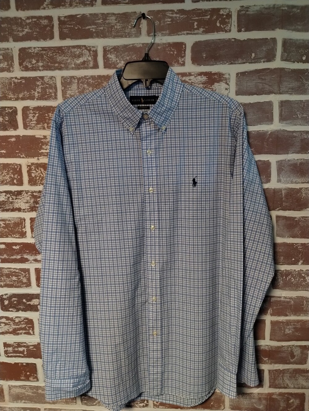 Ralph Lauren Blue and White Checked Classic Fit Dress Shirt Lg